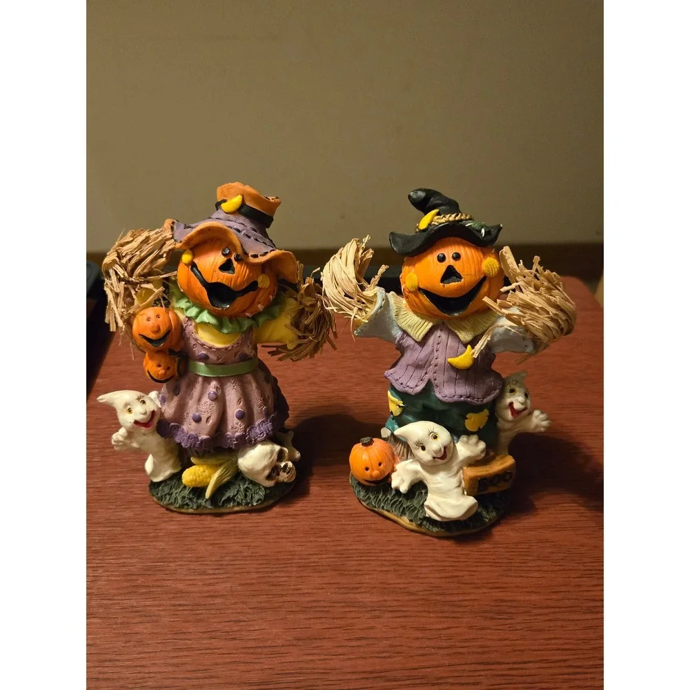 Gerson International Halloween Scarecrow Jack-O-Lantern Ghost Figurines 2pc